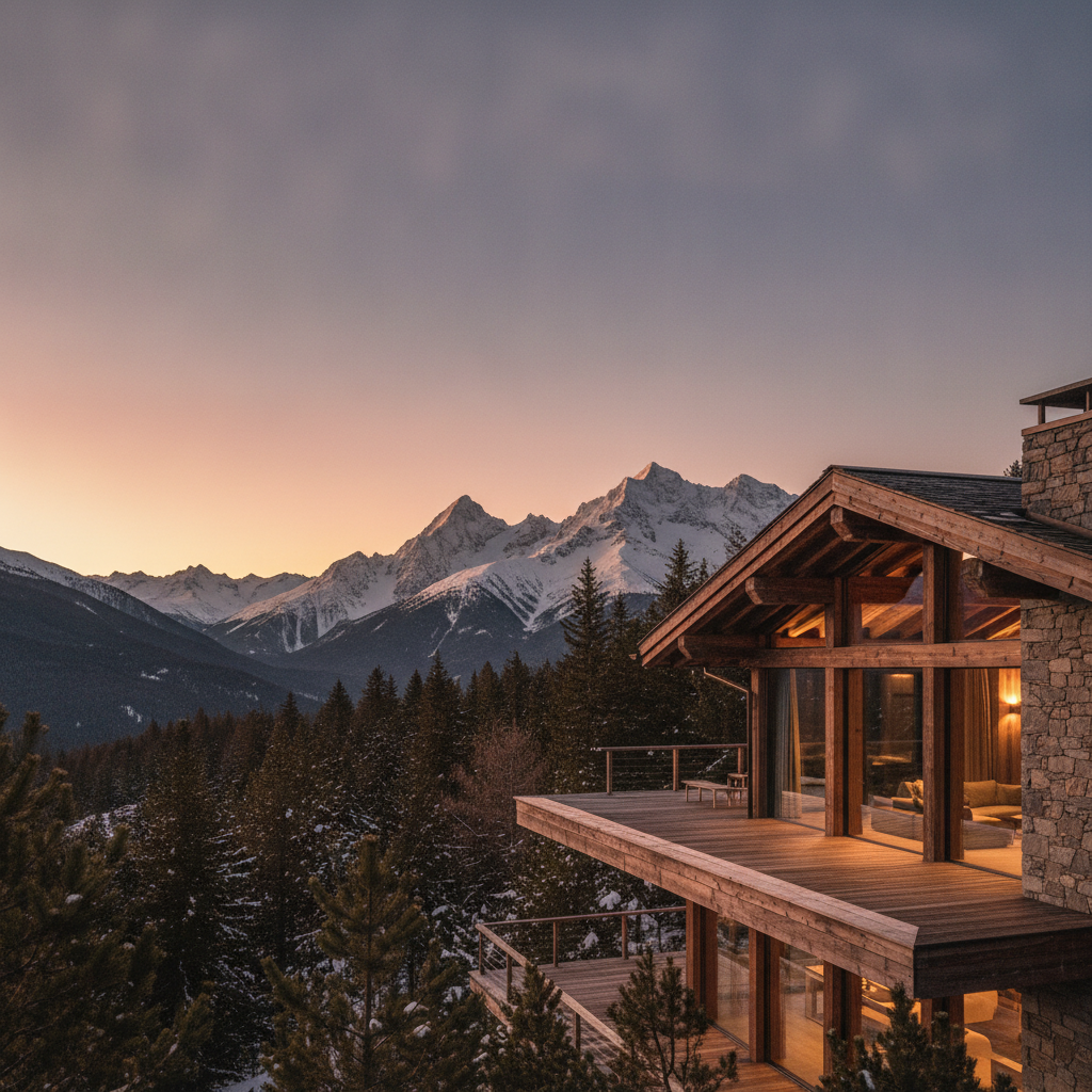 Chalet de piedra y madera con grandes ventanales iluminados frente a las cumbres del Pirineo Aragonés al atardecer