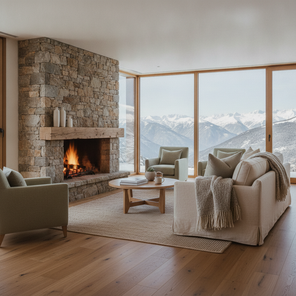 Salón acogedor de una vivienda gestionada por Cenarbe con chimenea y vistas a las cumbres nevadas del Pirineo