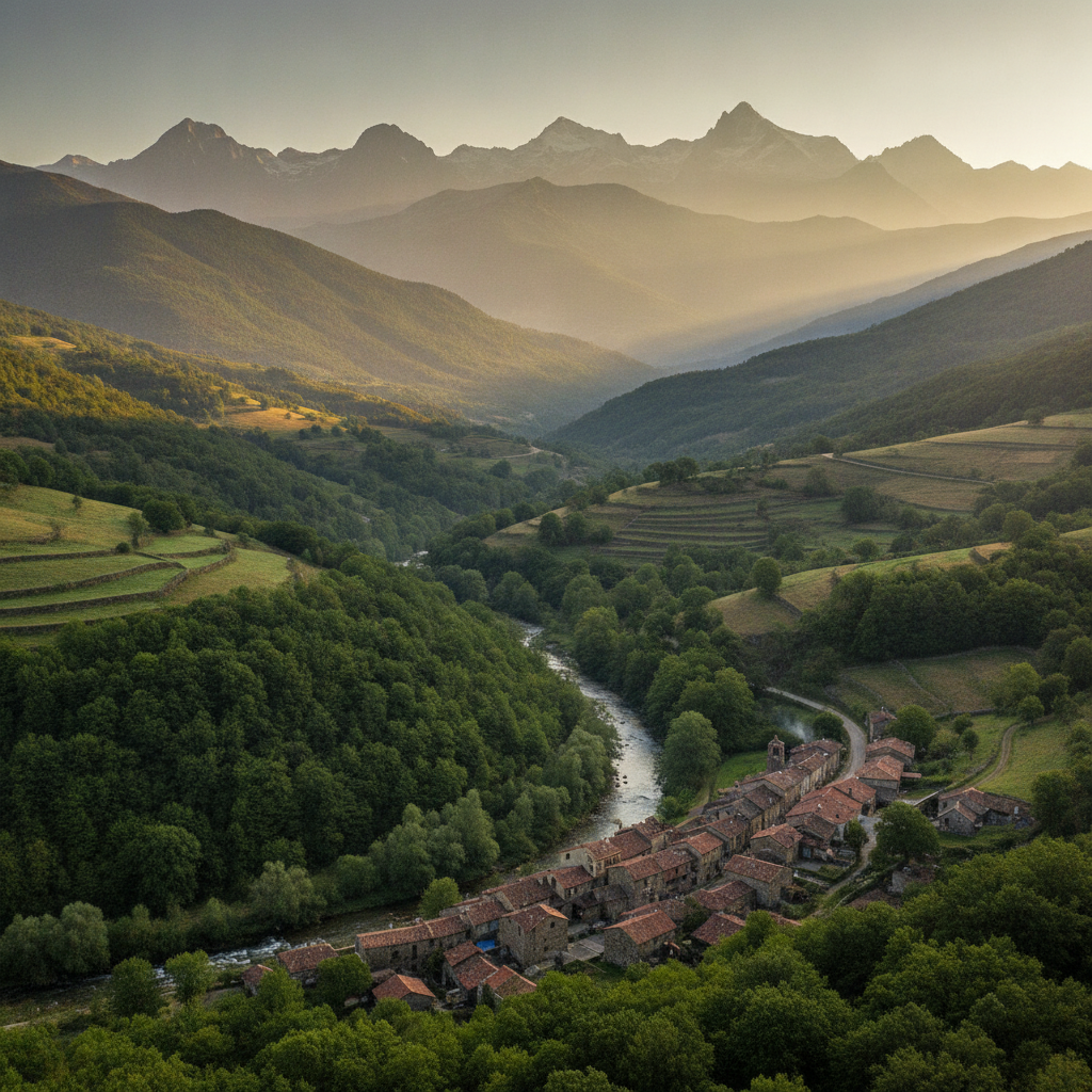 Pueblo de piedra junto al río en un valle del Pirineo Aragonés, con las cumbres al fondo al atardecer
