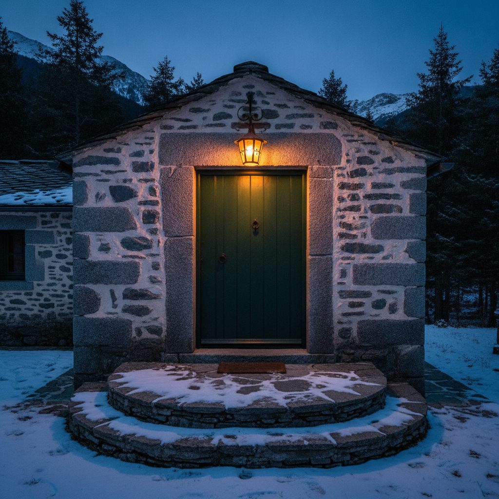 Puerta de madera de una casa de piedra pirenaica con un farol encendido al anochecer