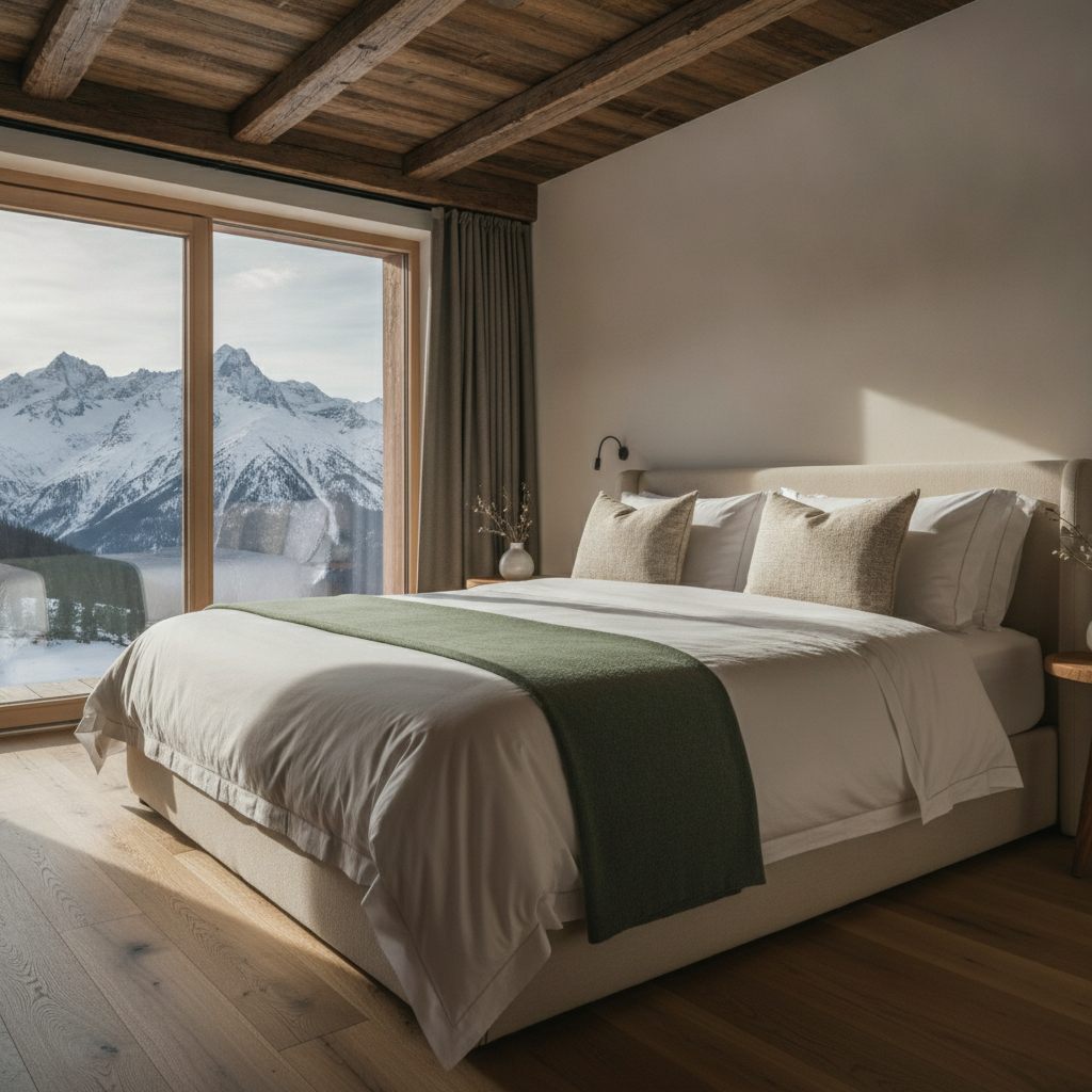 Cama recién hecha con sábanas blancas en un apartamento alpino con vigas de madera y vistas a la montaña