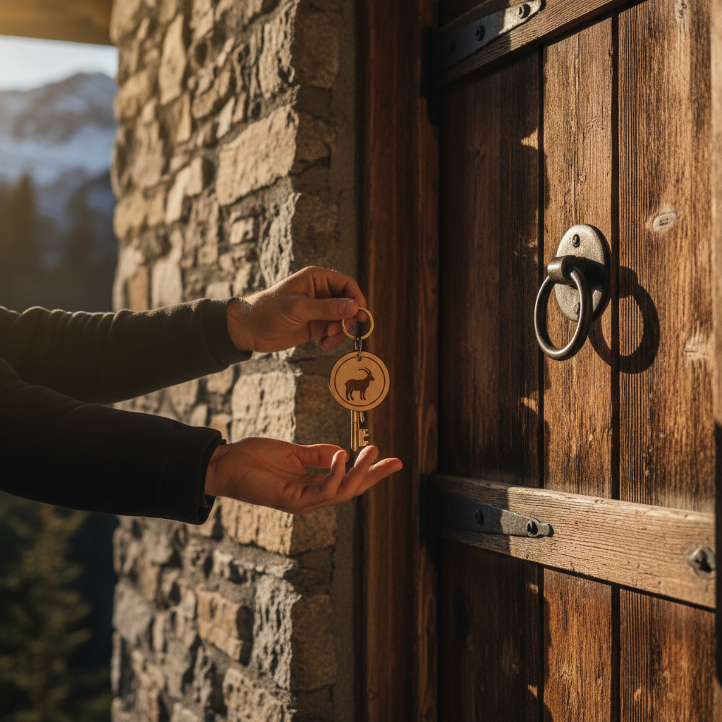 Llave de una vivienda turística de piedra y madera junto a un cajetín de seguridad, con las montañas del Pirineo al fondo