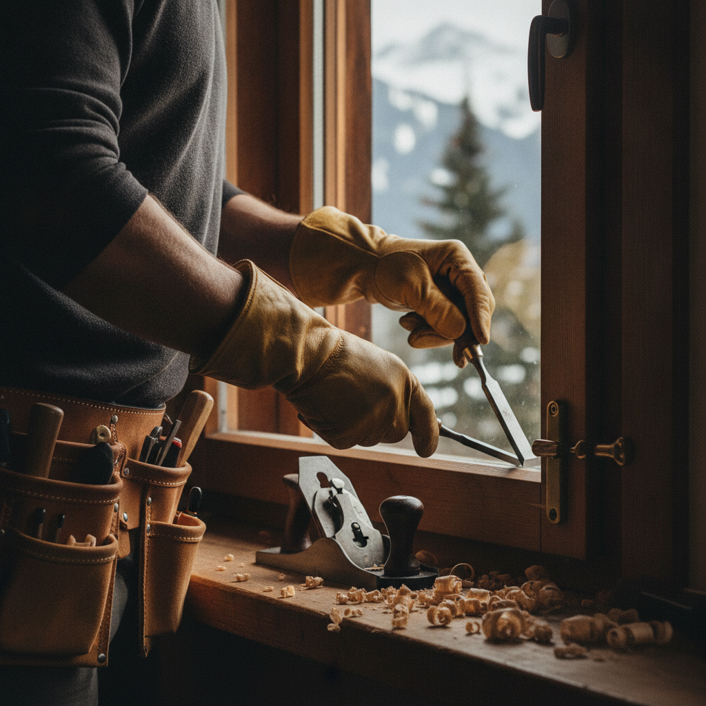 Técnico de mantenimiento con cinturón de herramientas ajustando una ventana de madera, con las cumbres nevadas del Pirineo al fondo