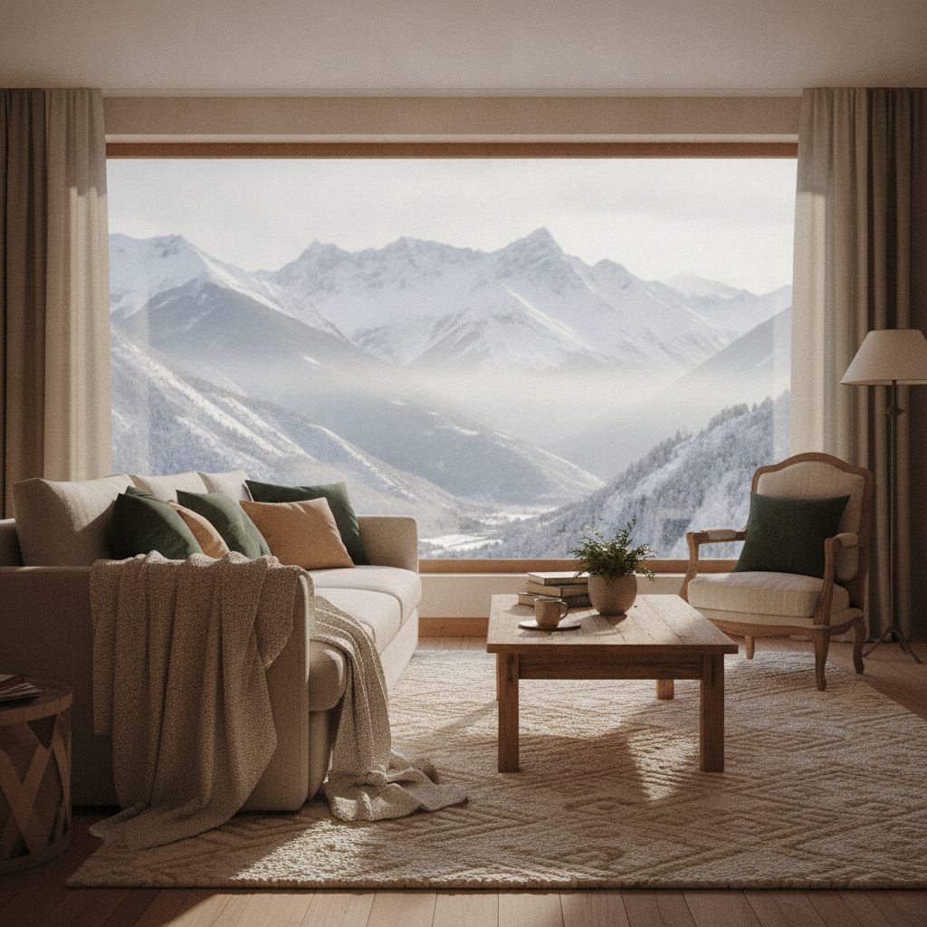 Salón cálido de un apartamento de montaña con gran ventanal al valle nevado del Pirineo